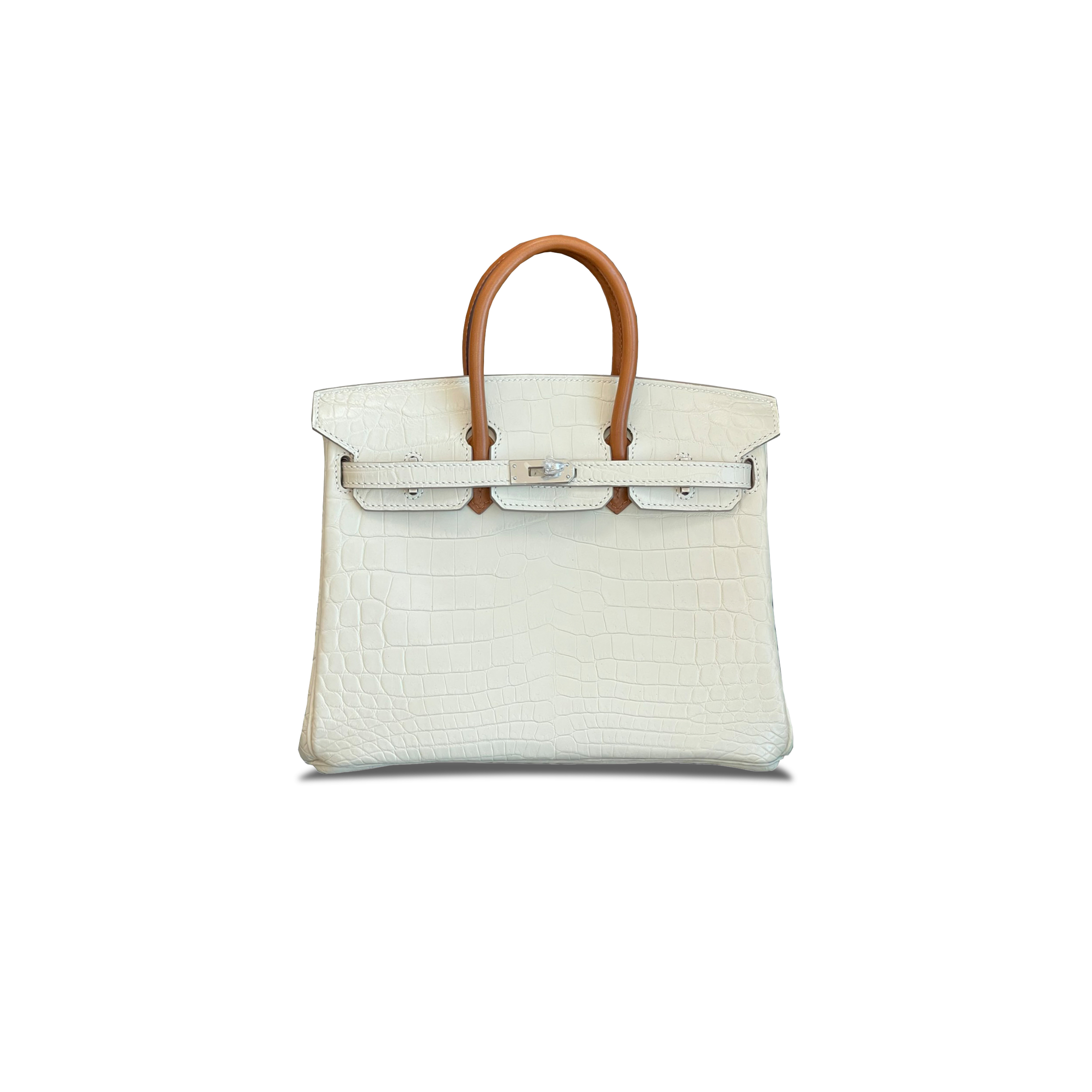 H**mes master birkin 25 crocodile leather milkshake white and saddle leather silver buckle h041354ck46 (25*20*13cm)